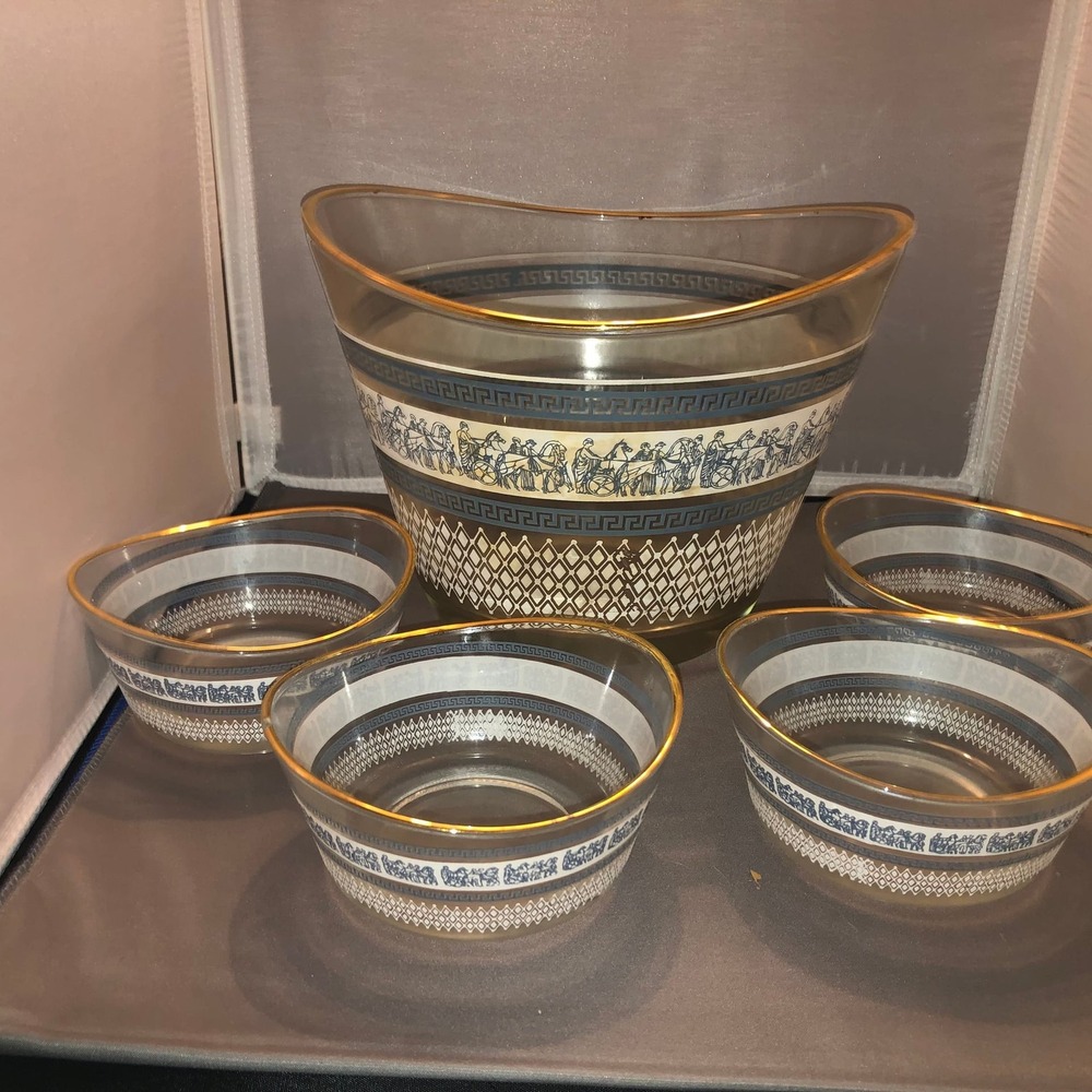 Vtg Jeannette Grecian Bowl Set-Gold Rim